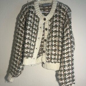 Plaid Patterned Green Sweater with Tortoiseshell Buttons